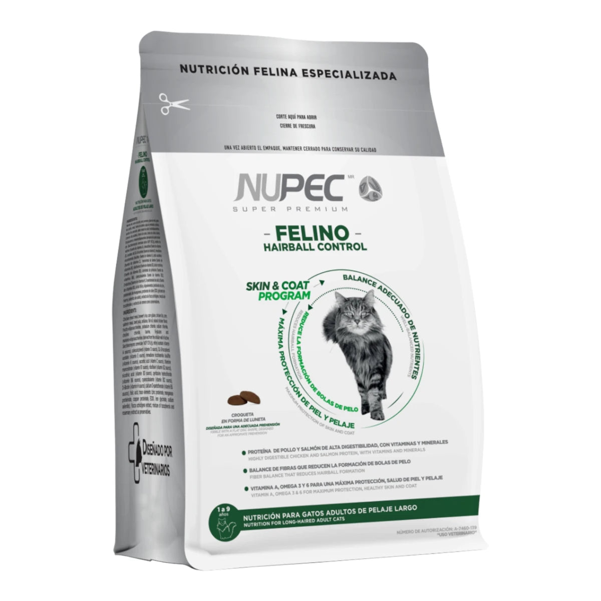 Empaque de alimento Nupec Felino Hairball Control para gatos adultos de pelaje largo con programa de protección de piel y pelo.