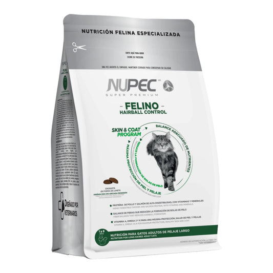 Empaque de alimento Nupec Felino Hairball Control para gatos adultos de pelaje largo con programa de protección de piel y pelo.
