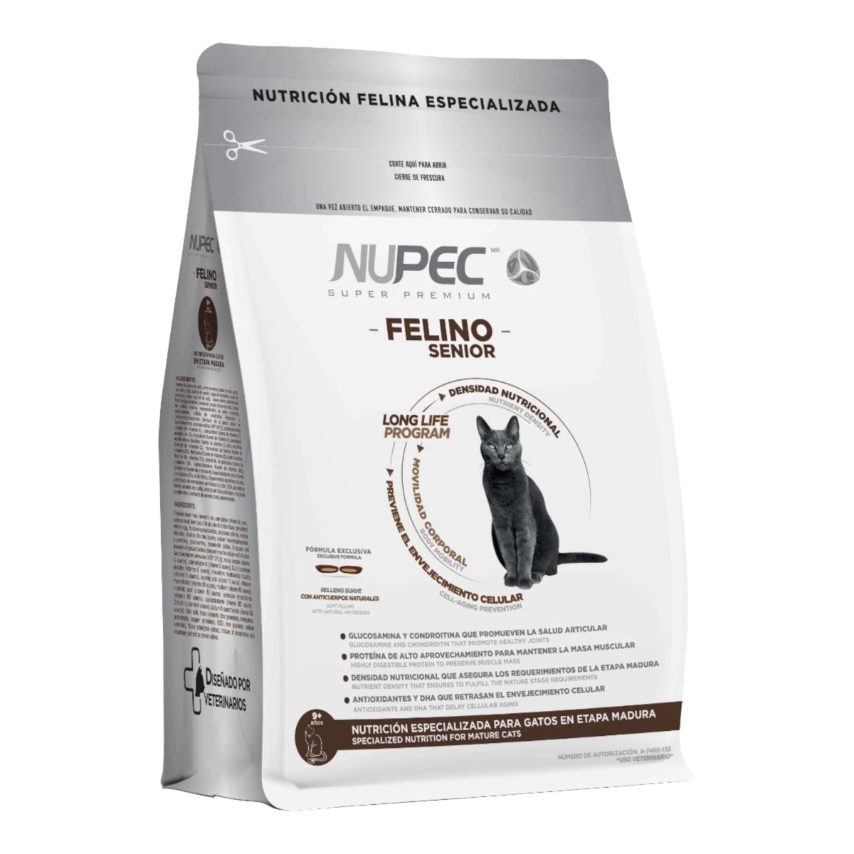 Empaque de alimento seco Nupec Felino Senior para gatos adultos en etapa madura con beneficios de antienvejecimiento celular.