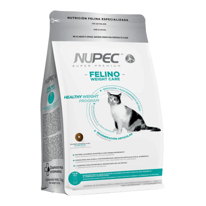 Saco de alimento Nupec Felino Weight Care diseñado para la reducción y mantenimiento de peso saludable en gatos adultos de 1 a 9 años.