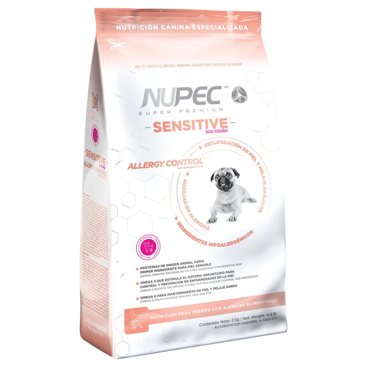 Empaque de alimento Nupec Sensitive para perros adultos de raza pequeña, diseñado para el control de alergias alimentarias y cuidado de la piel.