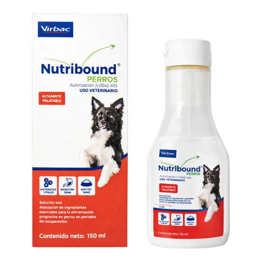 Caja y frasco de Nutribound para perros de 150 ml, suplemento líquido palatable para la recuperación progresiva y estimulación del apetito.