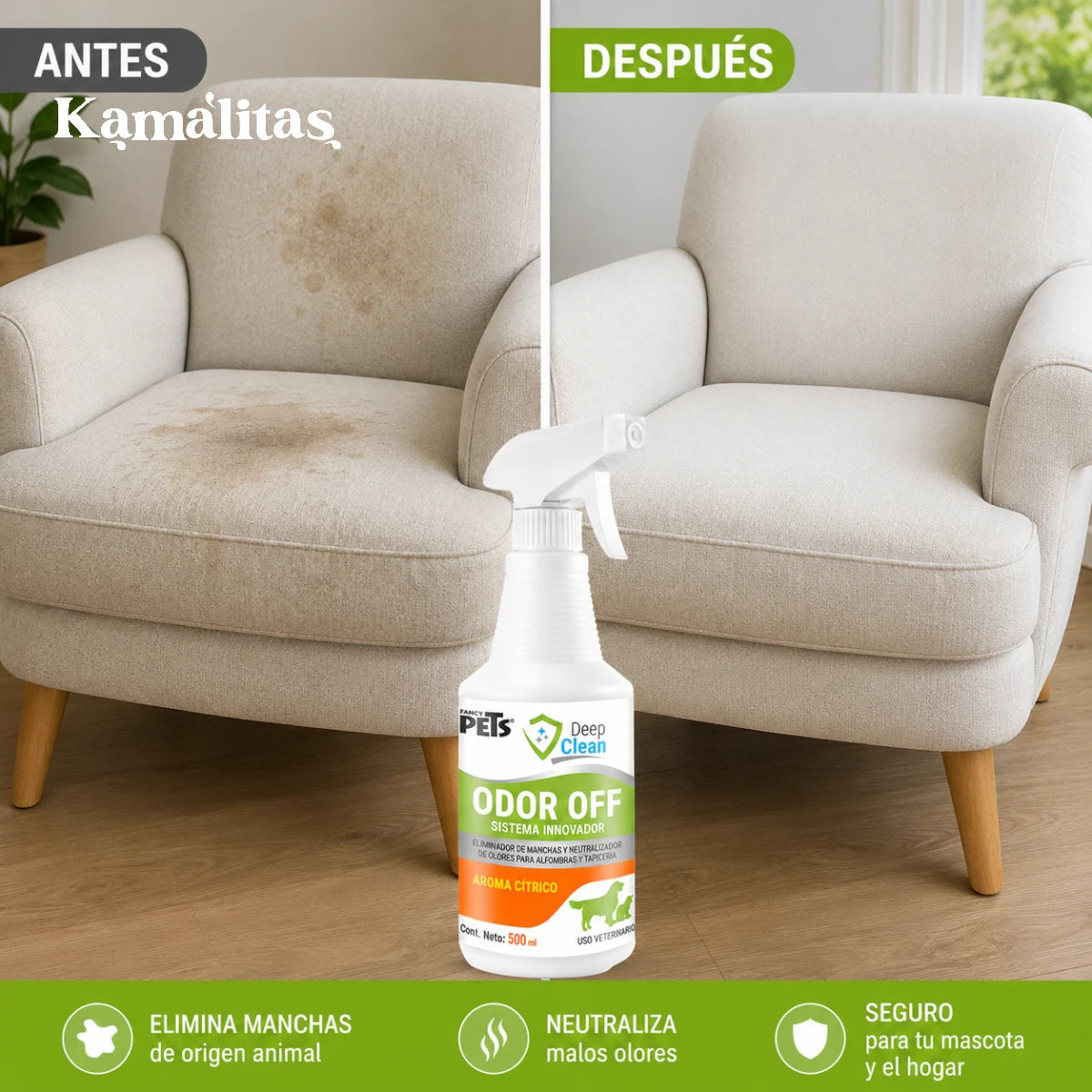 Comparativa antes y después del uso de Odor Off de Fancy Pets 500 ml sobre una silla, mostrando eliminación de manchas y neutralización de olores causados por mascotas.
