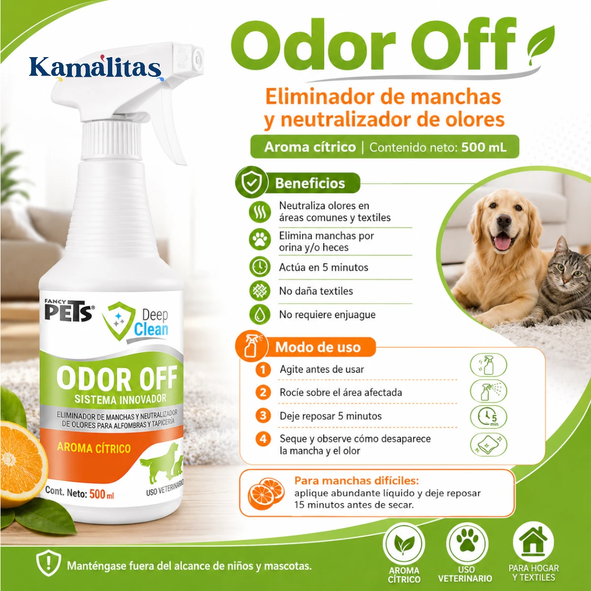 Infografía de Odor Off de Fancy Pets 500 ml, eliminador de manchas y neutralizador de olores para alfombras, tapicería y áreas comunes con mascotas, con aroma cítrico y acción en 5 minutos.