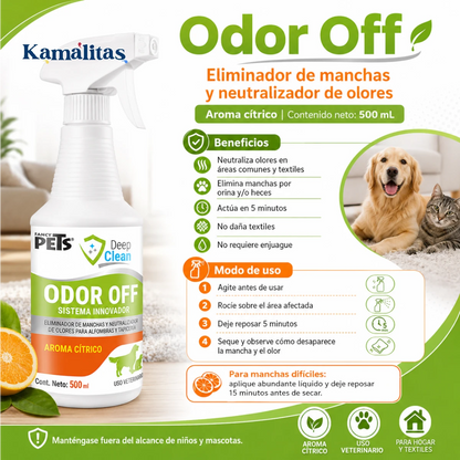 Infografía de Odor Off de Fancy Pets 500 ml, eliminador de manchas y neutralizador de olores para alfombras, tapicería y áreas comunes con mascotas, con aroma cítrico y acción en 5 minutos.