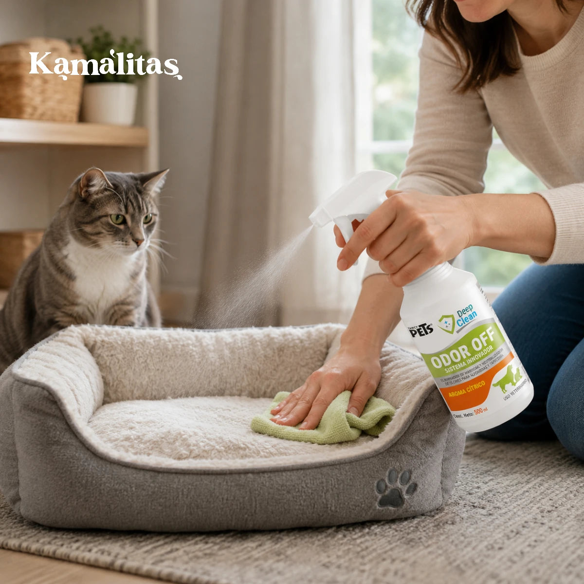 Persona limpiando la cama de un gato con Odor Off de Fancy Pets 500 ml, ideal para neutralizar olores y eliminar manchas en textiles y accesorios de mascotas.