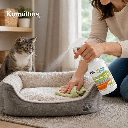 Persona limpiando la cama de un gato con Odor Off de Fancy Pets 500 ml, ideal para neutralizar olores y eliminar manchas en textiles y accesorios de mascotas.