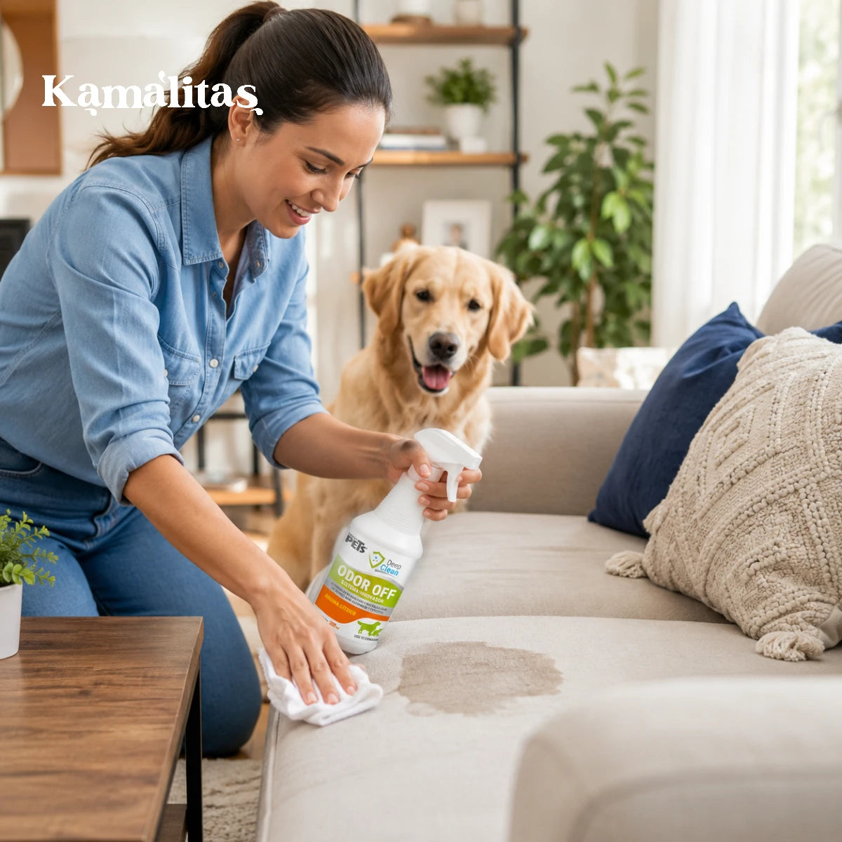 Persona limpiando una mancha en un sillón con Odor Off de Fancy Pets 500 ml, eliminador de manchas y neutralizador de olores para tapicería y hogares con perros.