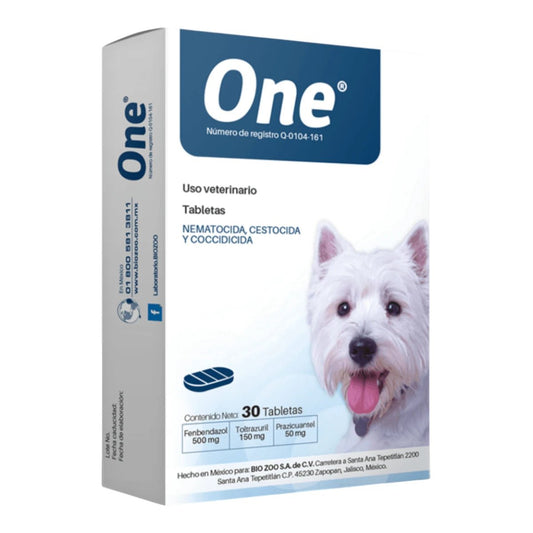 Caja de Tabletas desparasitante One del laboratorio Biozoo para perros, tratamiento de amplio espectro contra nematodos, giardias y coccidias.