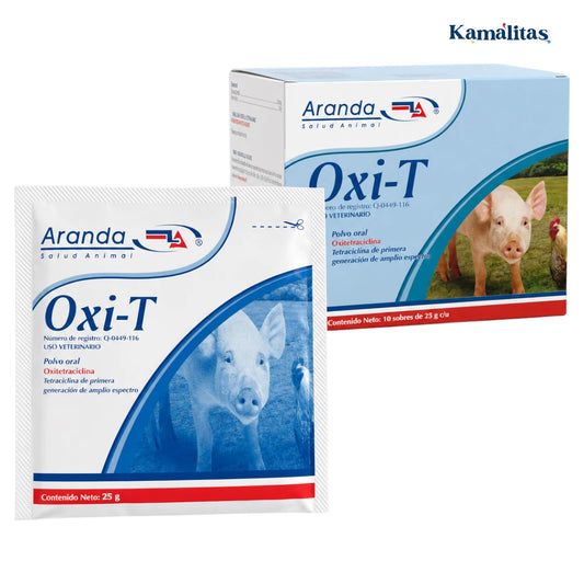 Sobre de Oxi-T de Aranda Salud Animal, medicamento veterinario en polvo oral con oxitetraciclina para porcinos y aves, presentación de 25 g.