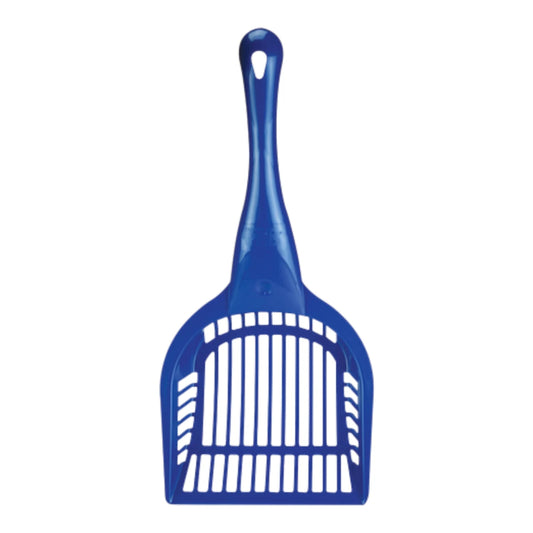 Pala de plástico azul para arenero de gato con rejilla de limpieza y mango ergonómico de la marca Fancy Pets.