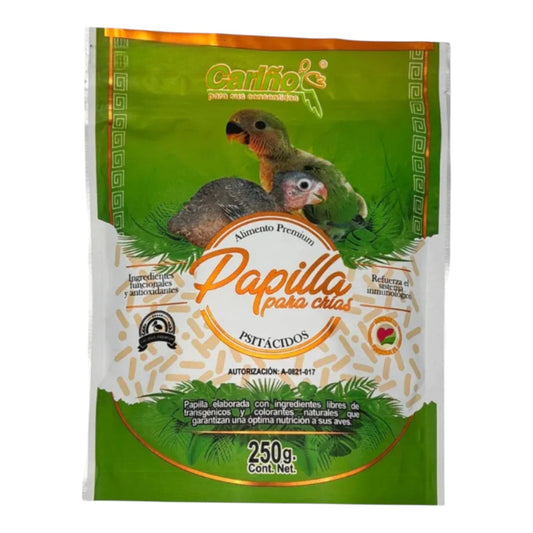 Empaque frontal de Alimento Premium Papilla Cariño para crías de psitácidos en presentación de 250 gramos