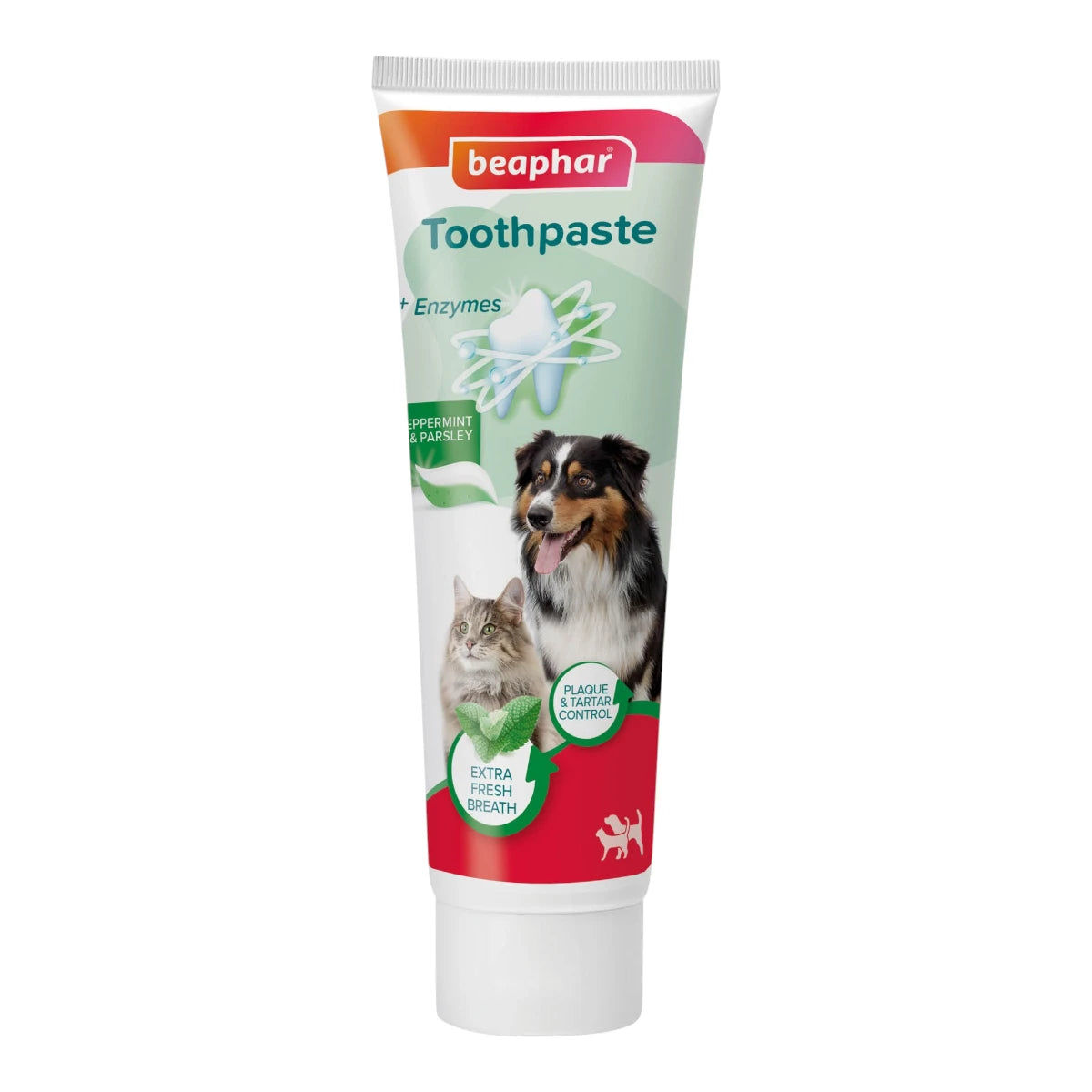 Tubo de pasta dental Beaphar de menta y perejil de 100 gramos para el control de placa y sarro en perros y gatos.