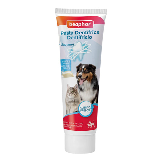 Tubo de pasta dental enzimática Beaphar sabor hígado de 100 gramos para el control de sarro y placa en perros y gatos.