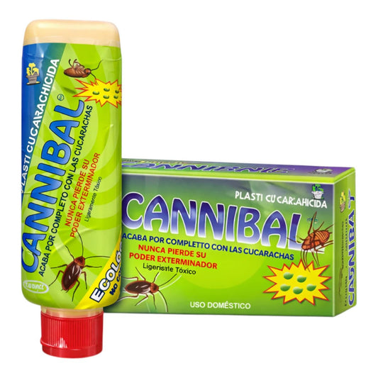 Envase y caja de pasta cucarachicida Cannibal de 120g para control de plagas doméstico con efecto cadena.