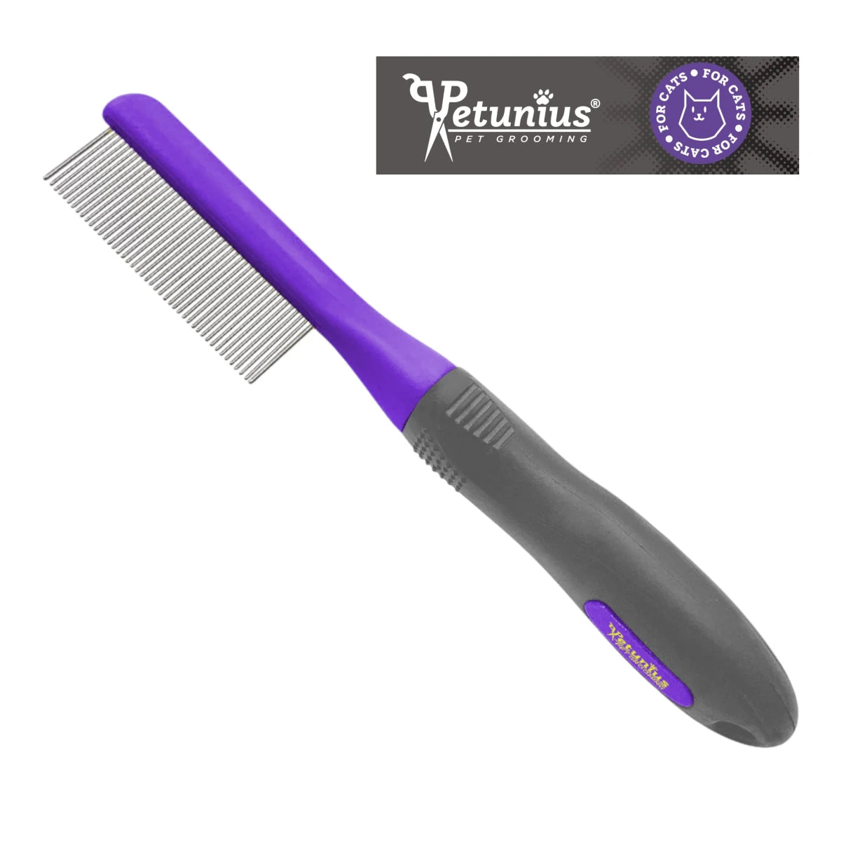 Peine metálico antinudos para gatos con puntas de acero inoxidable y mango antideslizante, ideal para eliminar enredos y pelo muerto.