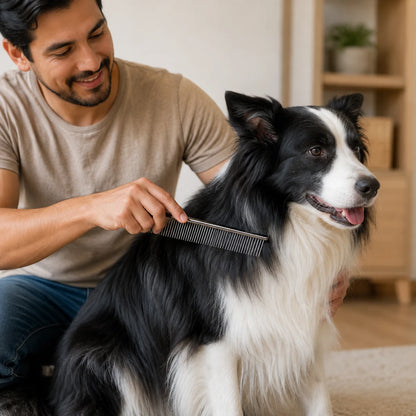 Hombre peinando el pelo largo de un perro border collie con un peine metálico petunius dentro de casa