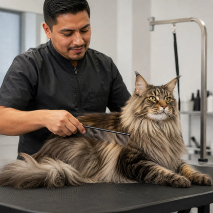 Groomer mexicano peinando el pelo largo de un gato maine coon sobre una mesa de grooming con un peine metálico.