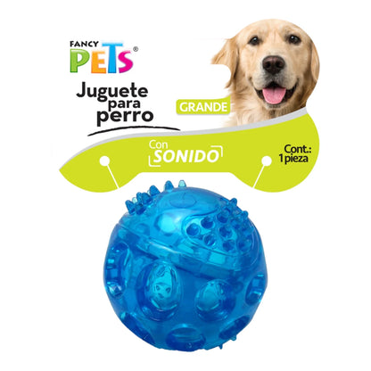 Pelota de juguete azul translúcida para perro marca Fancy Pets con sonido squeaker integrado y etiqueta de tamaño grande.