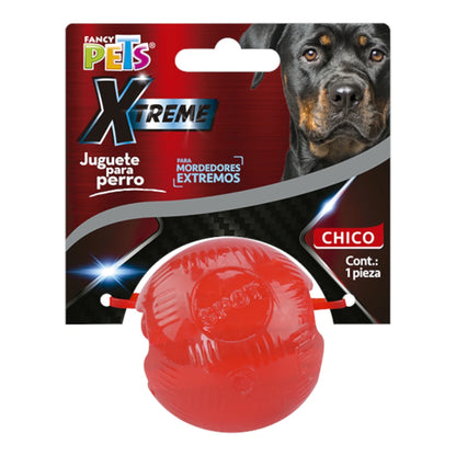 Empaque de la Pelota Extreme Fancy Pets color rojo, destacando su resistencia para mordedores extremos y tamaño chico.