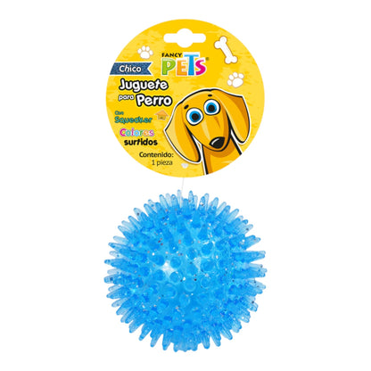 Presentacion de la Pelota para perro color  translúcida con glitter y textura de picos suaves para masaje de encías