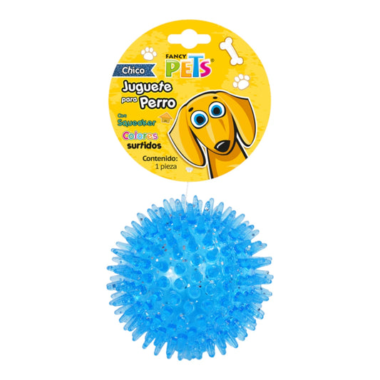 Presentacion de la Pelota para perro color  translúcida con glitter y textura de picos suaves para masaje de encías