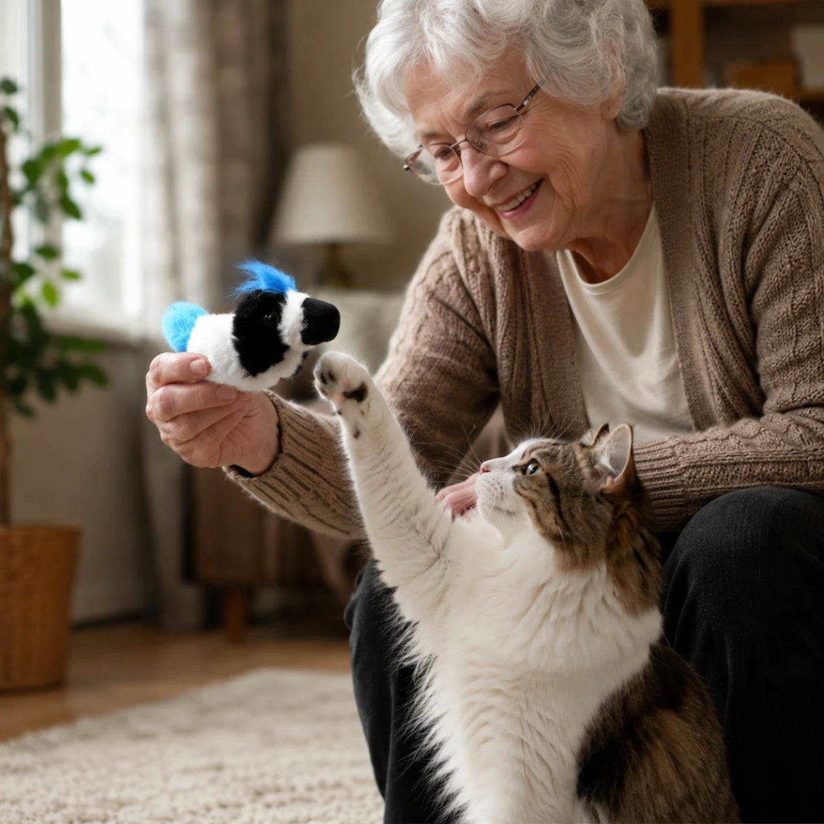Persona de la tercera edad jugando con un gato usando un peluche en forma de Chara azul dentro de una casa acogedora.