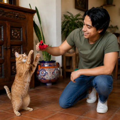 Persona jugando con un gato usando un peluche rojo en forma de cardenal con catnip Fancy pets