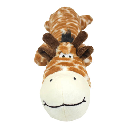 Primer plano de la cara amigable del peluche de jirafa Mega Buddy que incluye un squeaker interno para estimulación auditiva.