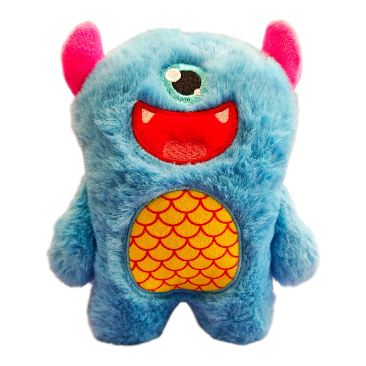Detalle del peluche Monster Blue de Sharpaw by Sunny, destacando su fabricación en materiales 100% poliéster de alta calidad, en Kamalitas.