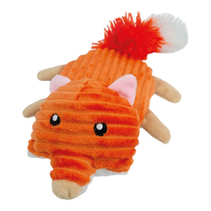 Juguete de peluche plano en forma de zorro color naranja con textura de pana y cola roja despeinada.