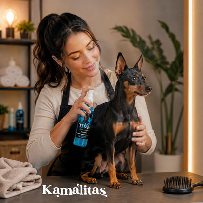 Una mujer aplicando el atomizador de la fragancia premium Titán Fancy Pets a un perro Pinscher miniatura negro con café, mostrando su uso seguro y directo en la piel, en Kamalitas.