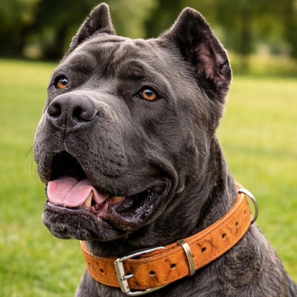 Retrato de un perro Cane Corso de color gris oscuro en un parque, luciendo el Collar de Piel Resistente Murciélago marrón claro, ajustado con la hebilla y el aro para la correa visible, en Kamalitas.
