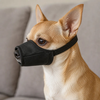 Perro pequeño de raza Chihuahua posando de perfil con un bozal de malla ajustable color negro, mostrando el ajuste seguro alrededor del hocico, en Kamalitas.