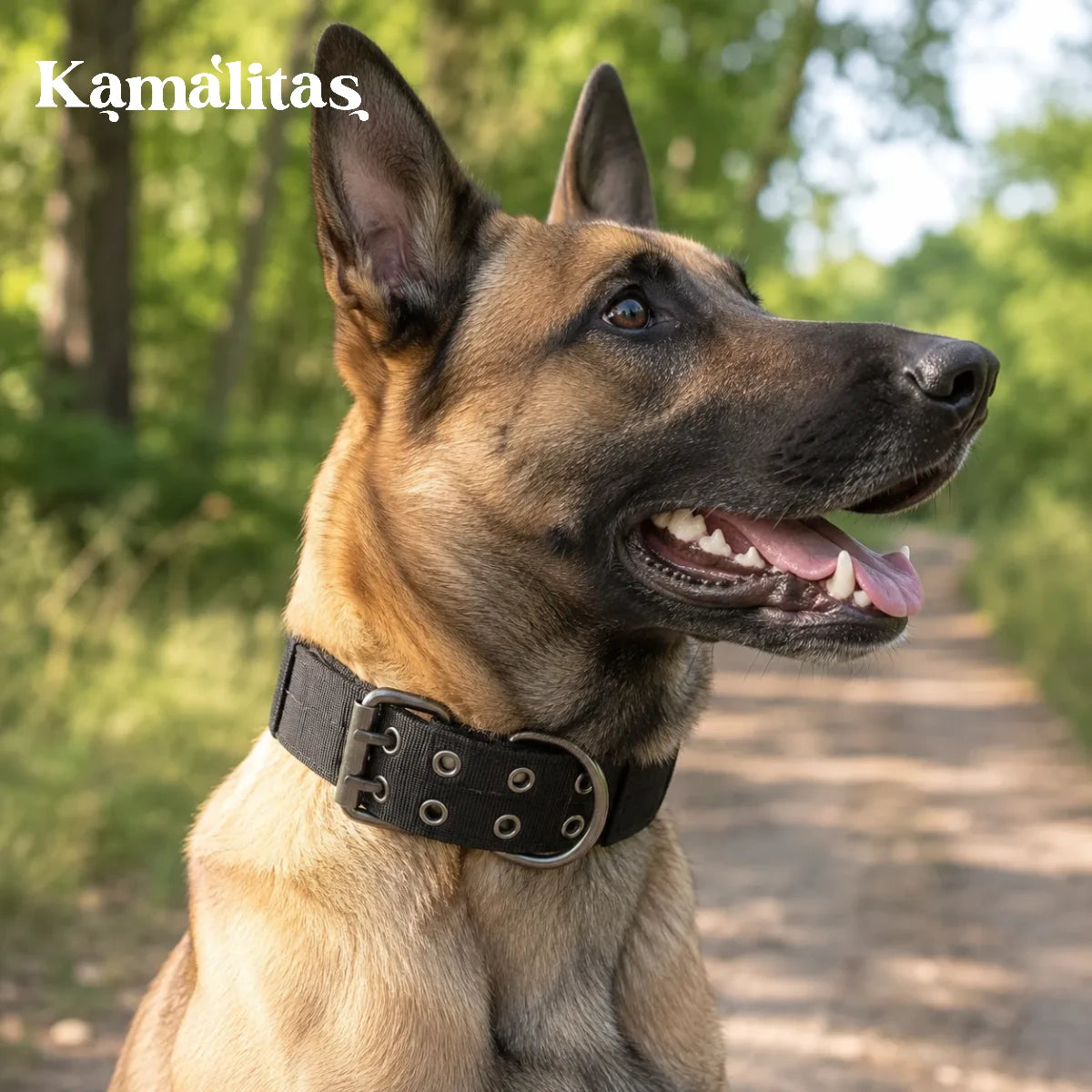 Perro usando collar reforzado estilo camuflaje durante un paseo al aire libre, con ajuste cómodo y diseño resistente para uso diario.