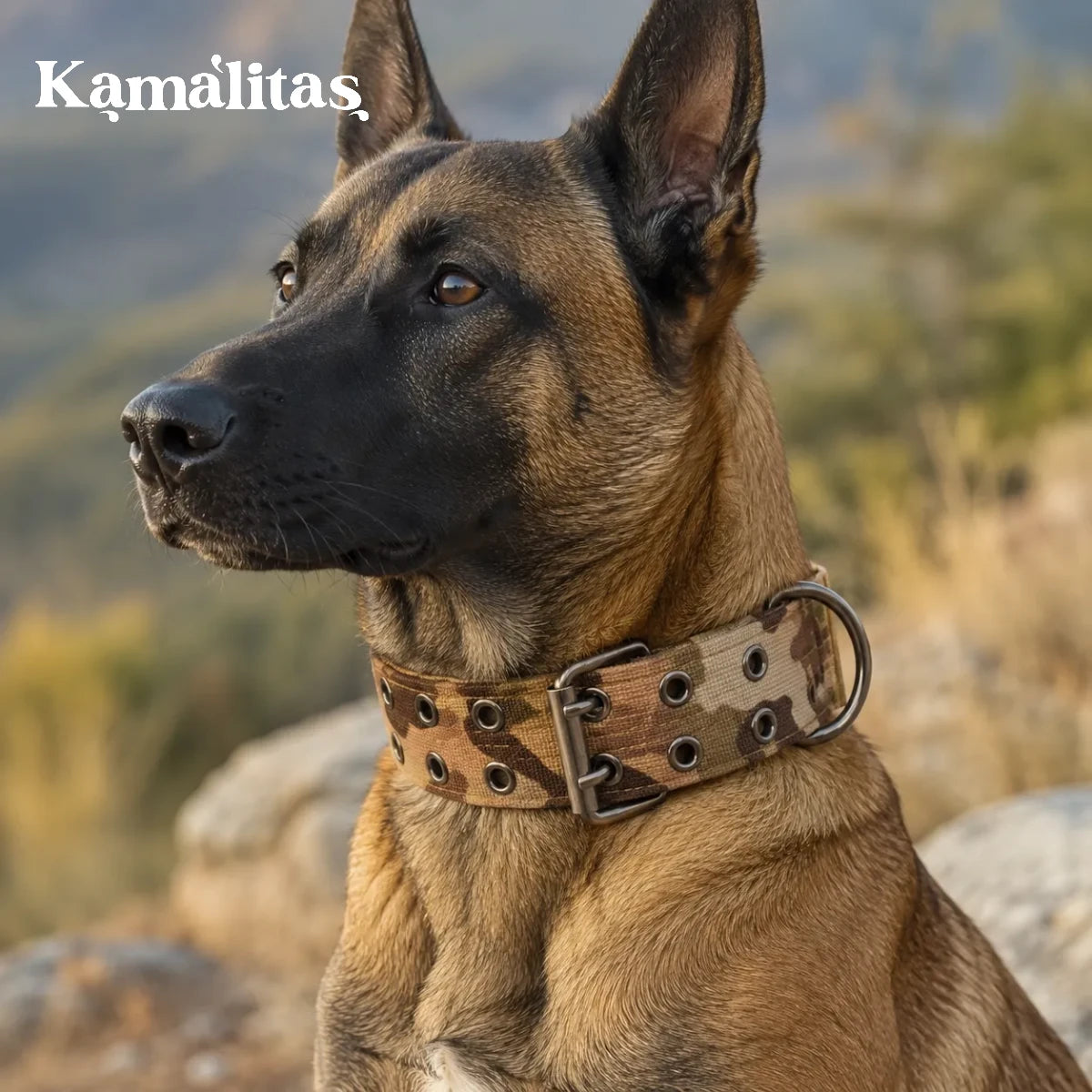 Perro usando collar reforzado estilo camuflaje durante un paseo al aire libre, con ajuste cómodo y diseño resistente para uso diario.