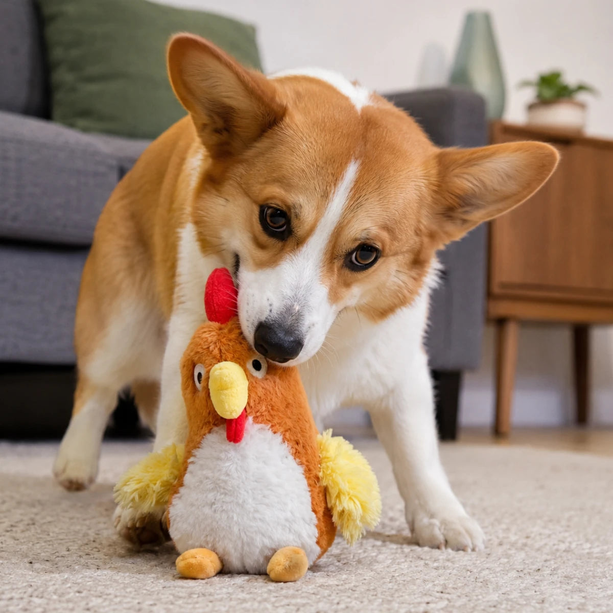 Perro de raza Corgi sujetando con su boca el juguete de gallina de peluche Sharpaw, mostrando su tamaño. ideal para todas las razas. En Kamalitas