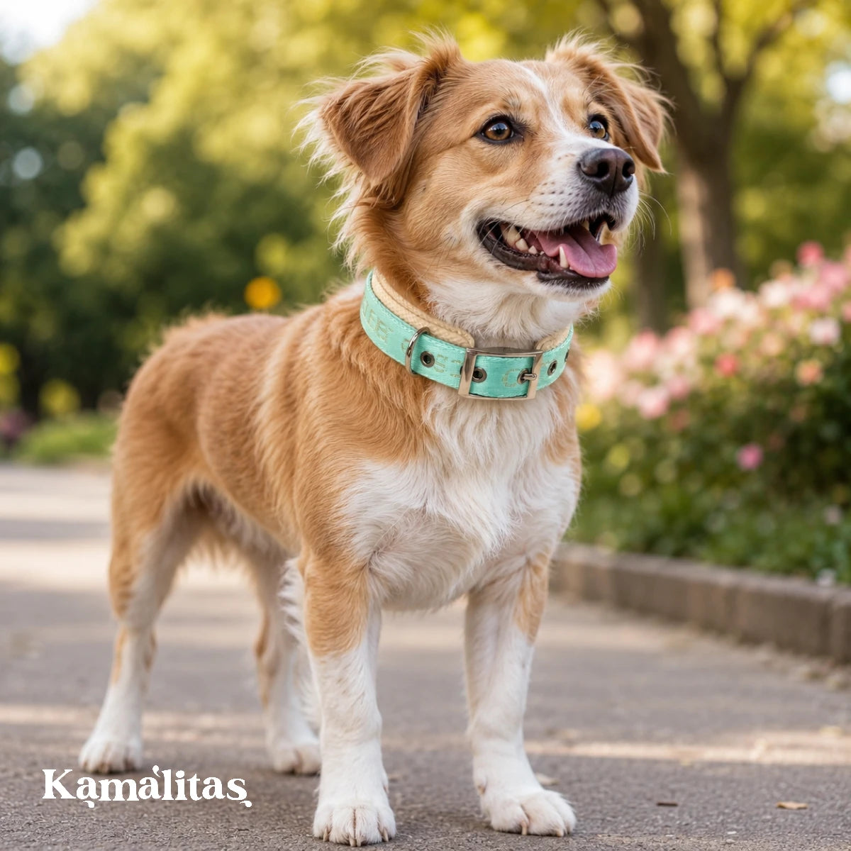 Perro usando collar acolchado ajustable para paseo, con diseño cómodo, herraje resistente y estilo elegante para uso diario.