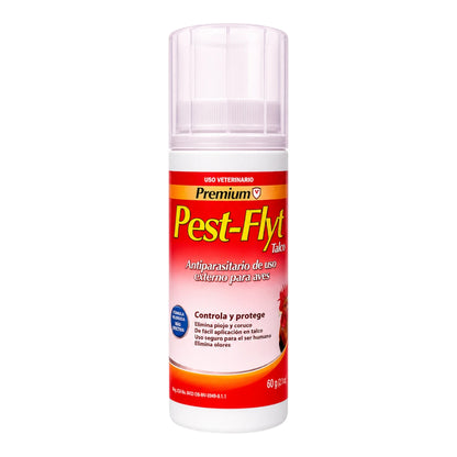 Bote de Premium Pest-Flyt Talco de Laboratorio Biochem de 60 g, antiparasitario de uso externo para el control y eliminación de piojo y coruco en aves.