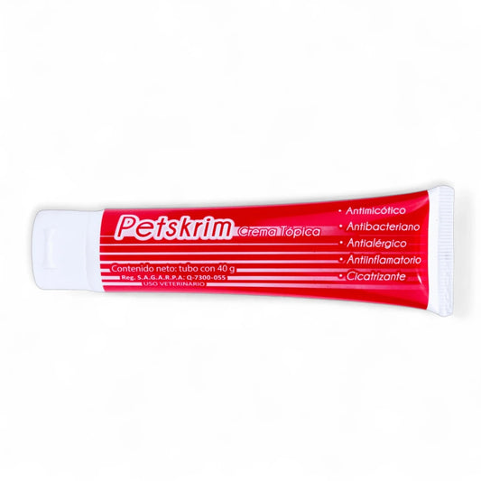 Crema Petskrim de laboratorio Diprofa'q para tratamiento cutáneo en perros, gatos, aves y ganado, con acción antimicótica y cicatrizante.