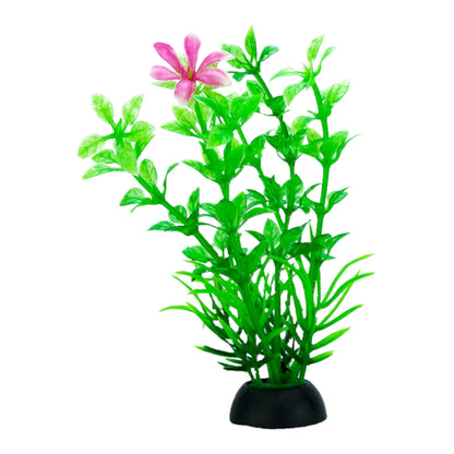Planta de plástico de 7.5cm con hojas verdes y una pequeña flor rosa en la parte superior, con base de resina negra para anclaje en sustrato.