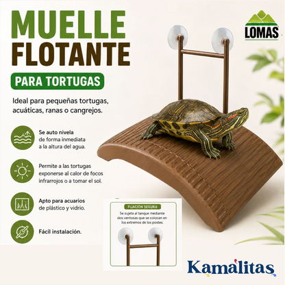 Infografíaque muestra una tortuga arriba del muelle flotante, destacando su fácil instalación mediante ventosas y su compatibilidad con tanques de plástico o vidrio, en Kamalitas.