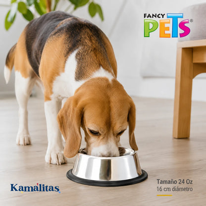 Plato de acero inoxidable Fancy Pets de 24 oz, ideal para perros medianos y para servir alimento o agua de forma higiénica y estable.