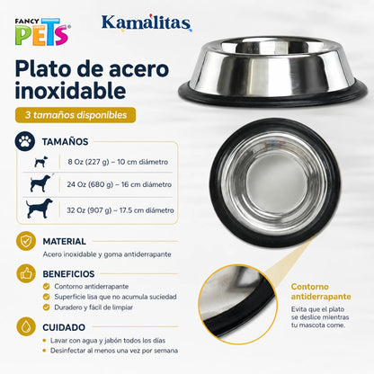 Infografía del plato de acero inoxidable Fancy Pets en 3 tamaños, ideal para servir agua o alimento a perros con base antiderrapante.