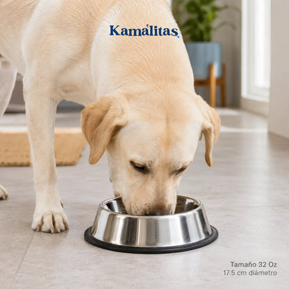 Plato de acero inoxidable Fancy Pets de 32 oz, ideal para perros grandes por su capacidad amplia y base de goma antiderrapante.