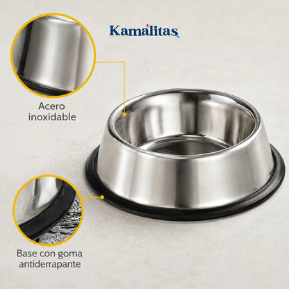 Plato de acero inoxidable Fancy Pets con base de goma antiderrapante, ideal para perros y fácil de limpiar en el uso diario.