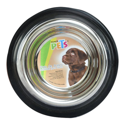 Plato de acero inoxidable para perro visto desde arriba con etiqueta Fancy Pets