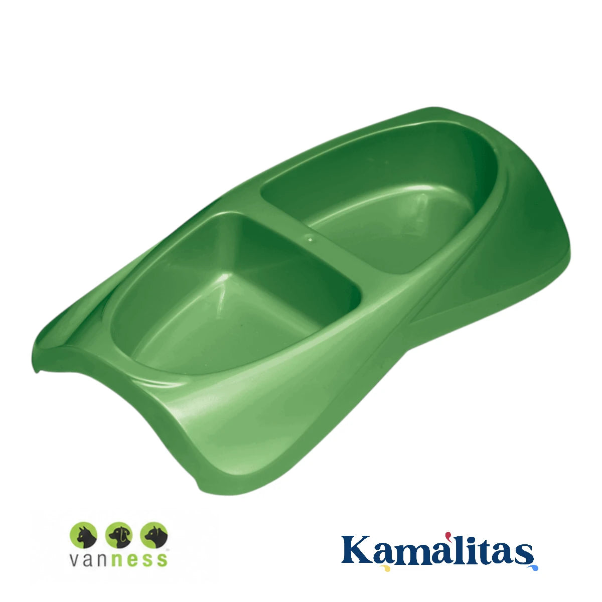 Plato plástico doble coor verde de una sola pieza en color liso con dos compartimentos para agua y comida de mascotas, en Kamalitas.