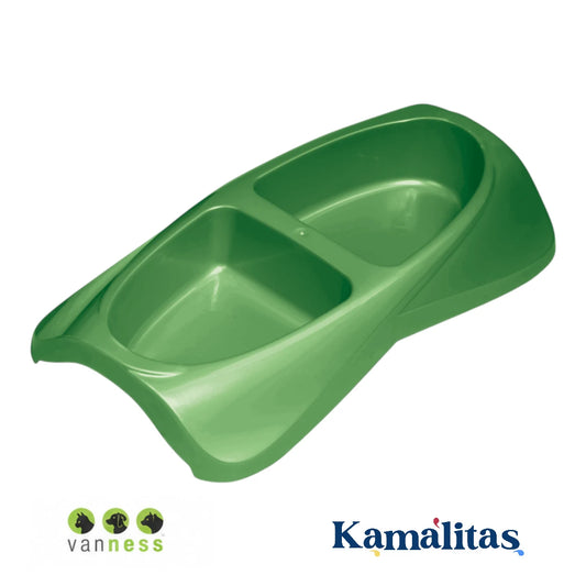 Plato plástico doble coor verde de una sola pieza en color liso con dos compartimentos para agua y comida de mascotas, en Kamalitas.
