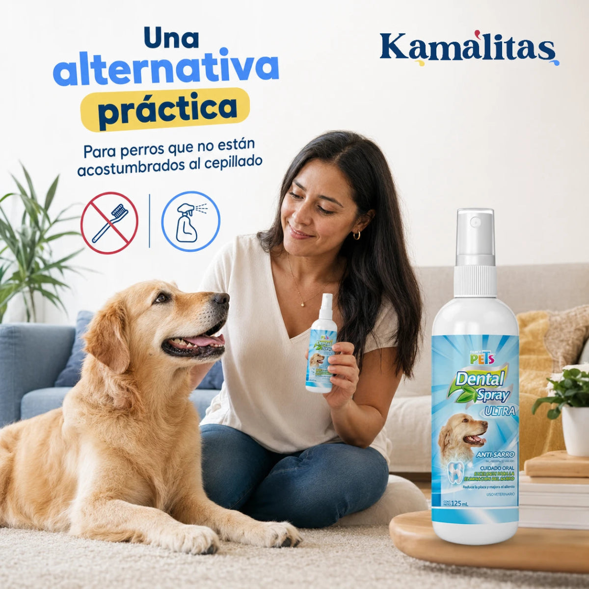 Spray dental para perros que facilita el cuidado bucal diario y ofrece una alternativa práctica al cepillado.